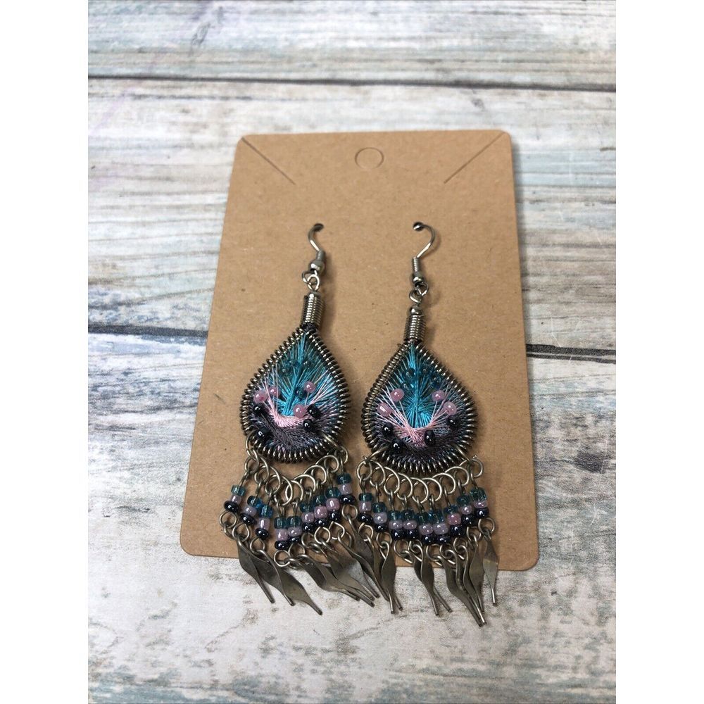 Boho Drop Dangle Beads Teardrop Silver Tone Pink Blue
